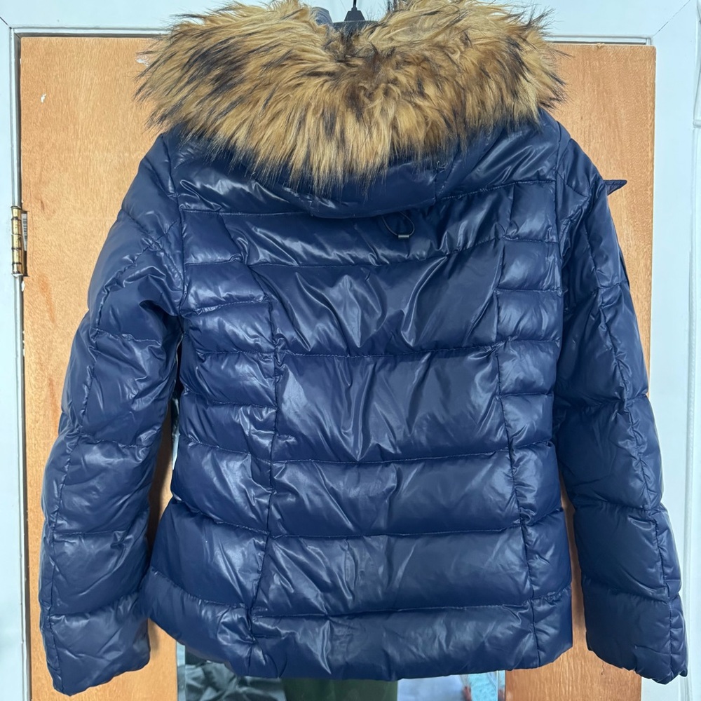 Women's Blue Puffer Jacket with Faux Fur Trim - Picture 2 of 6